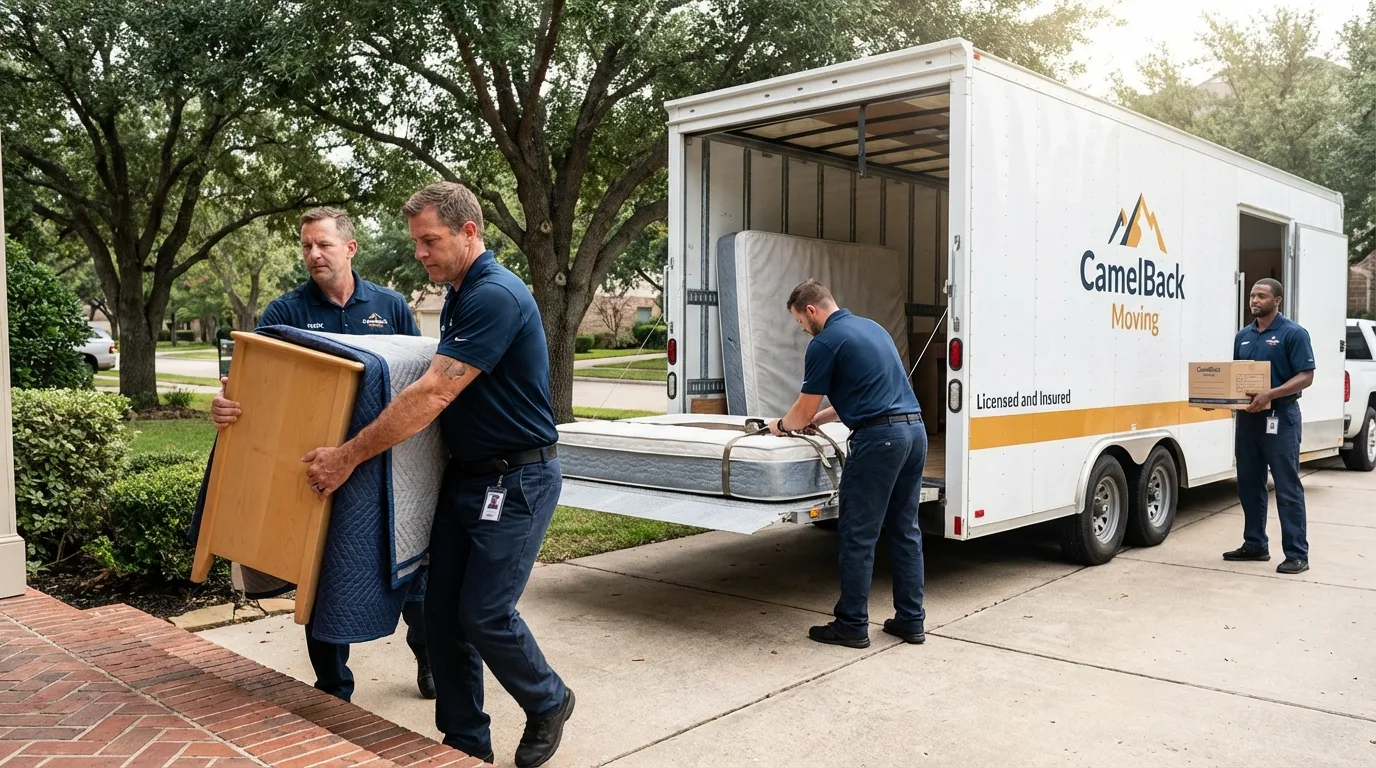 Crew loading residential truck for cross-state move from Cyril, OK