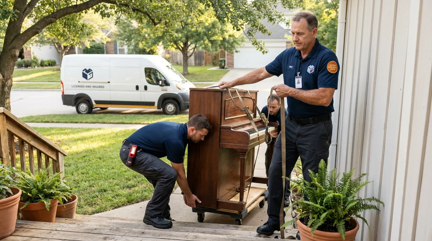 Licensed piano movers securing grand piano in Cyril, OK