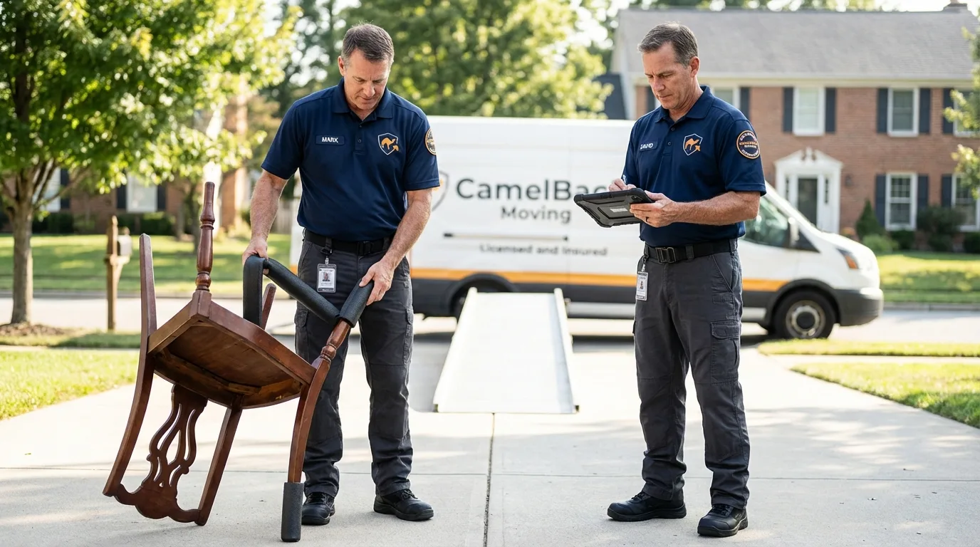 Movers inspecting furniture for damage prevention before loading in Cyril, OK